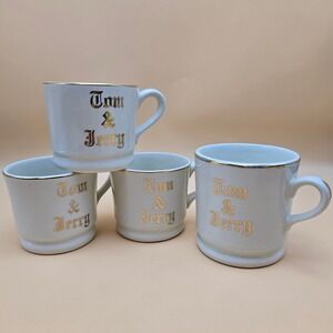Vintage Hall China Tom & Jerry Mugs Set of 4 White Gold Trim Ceramic Made in USA